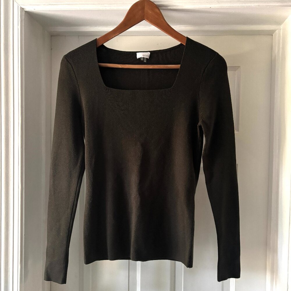 ecru Black Square Neck Sweater Button Sleeve Detail Size S